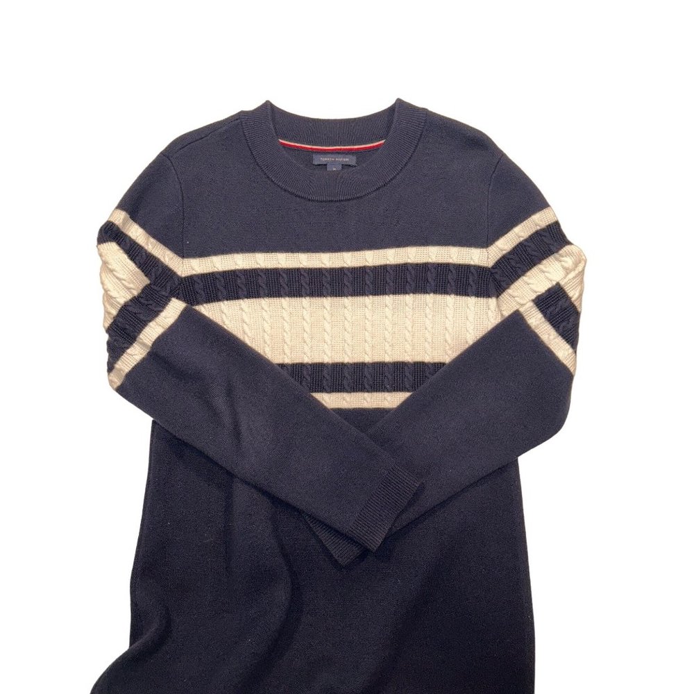Tommy Hilfiger‎ Cable Knit Sweater Dress Medium Navy Blue White Stripe Excellent